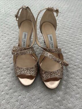 Jimmy Choo Stiletto Rose Gold Sparkle 3in Heels with Gold Accents